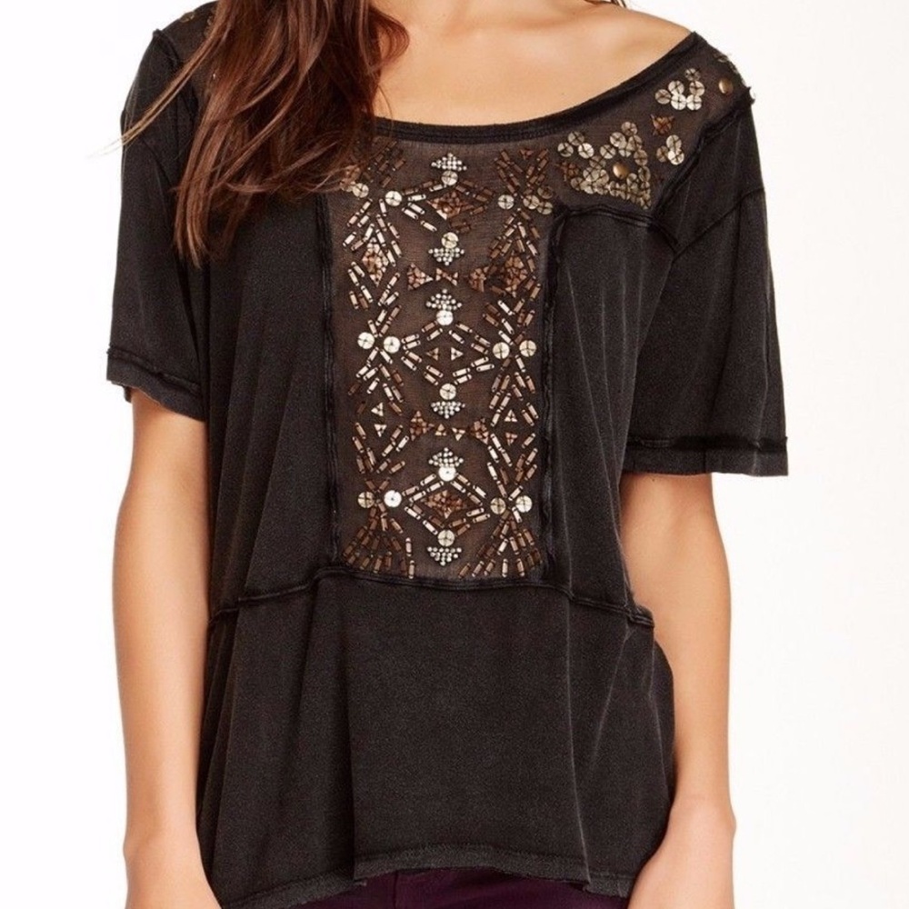 Free People Black Short Sleeve Top with Gold Sequin Embellishment